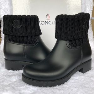 Moncler Ginette Knit Cuff Leather Rain Boot
